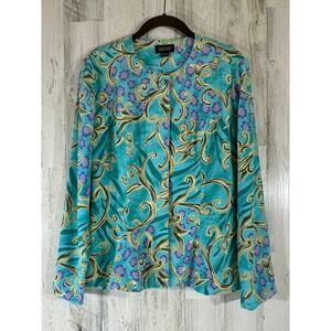 Shomi Silk Blouse Jacket Size 8 Lined Lightweight Button Placket Turquoise Multi